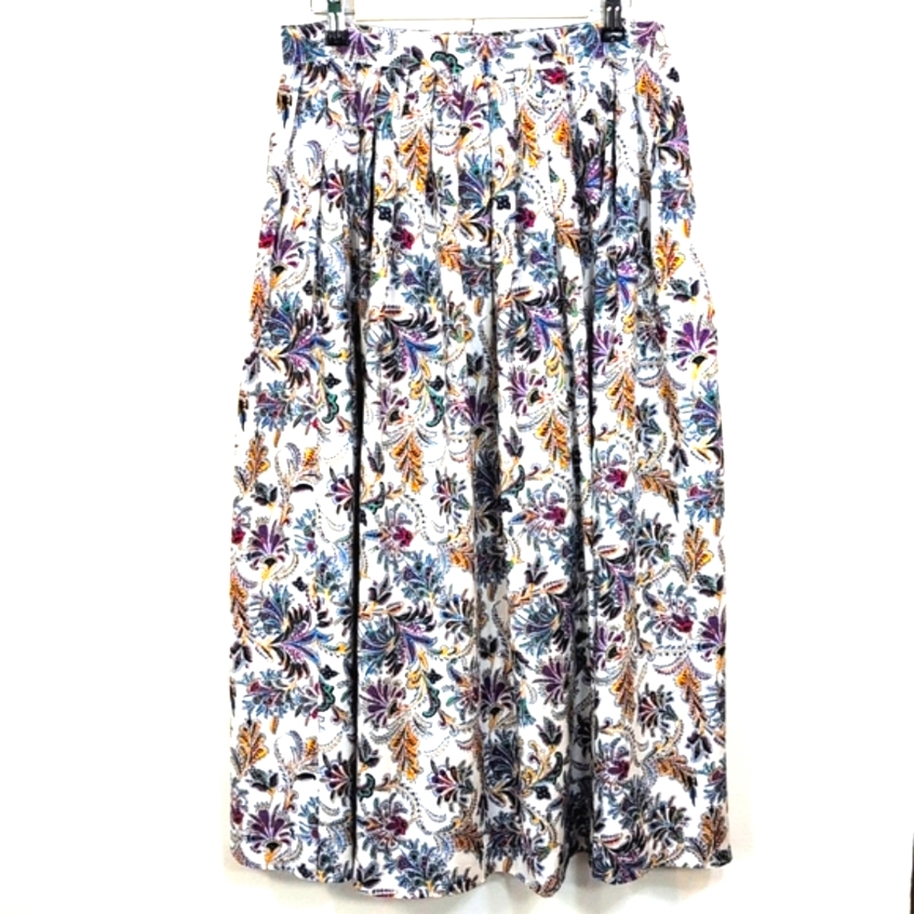 Vintage Jos A. Bank rayon, flat front, pleated, floral, paisley maxi skirt. 12.
